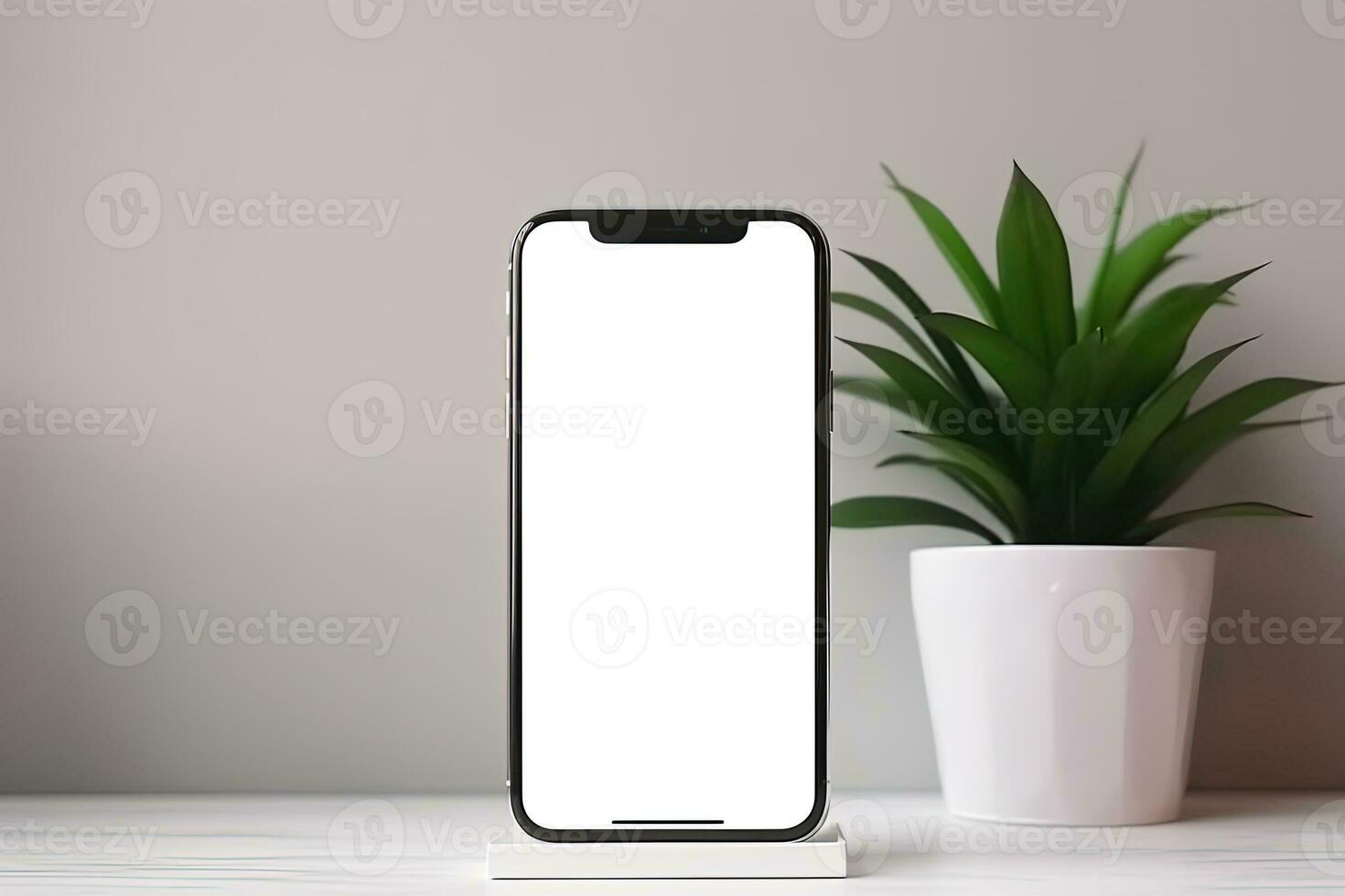 Smartphone mockup with blank screen and succulent plant on wooden table Ai generated photo