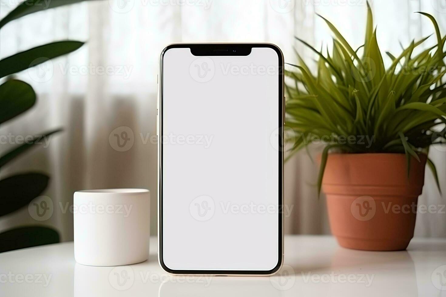 Smartphone mockup with blank screen and succulent plant on wooden table Ai generated photo