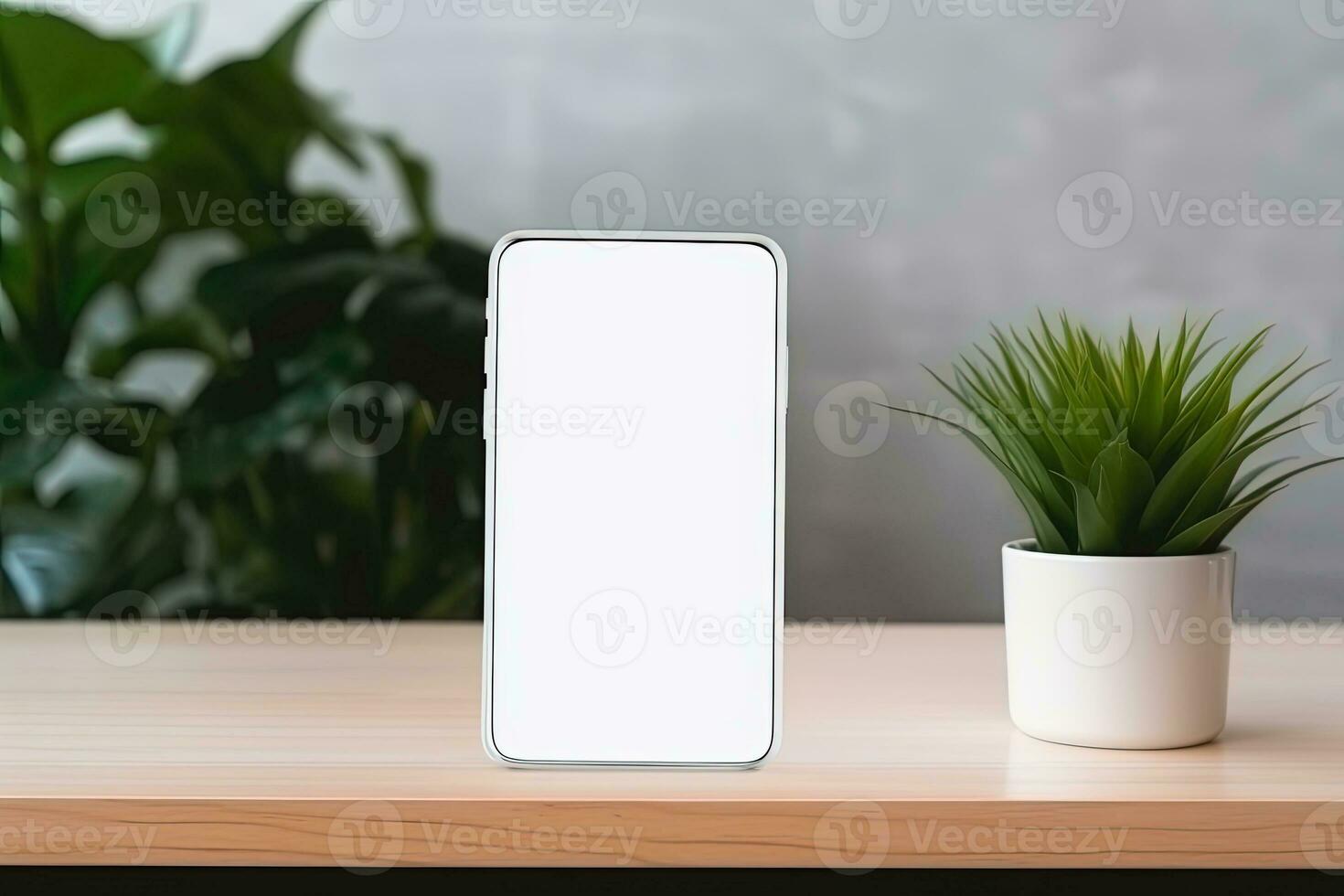 Smartphone mockup with blank screen and succulent plant on wooden table Ai generated photo