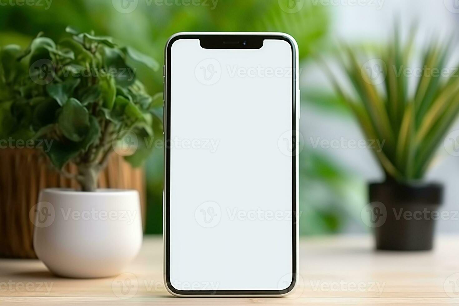 Smartphone mockup with blank screen and succulent plant on wooden table Ai generated photo