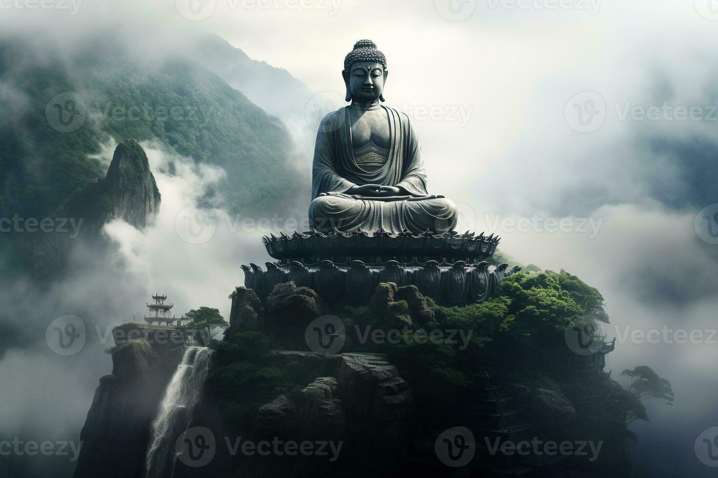 Buddha statue on the top of mountain in misty morning Ai generated photo