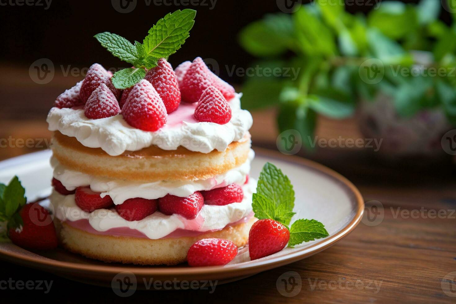 Strawberry cake with whipped cream and fresh strawberries on dark background Ai generated photo