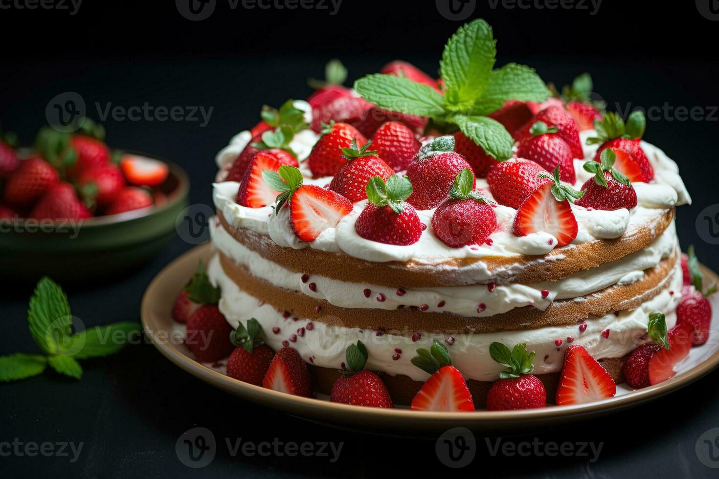 fresa pastel con azotado crema y Fresco fresas en oscuro antecedentes ai generado foto