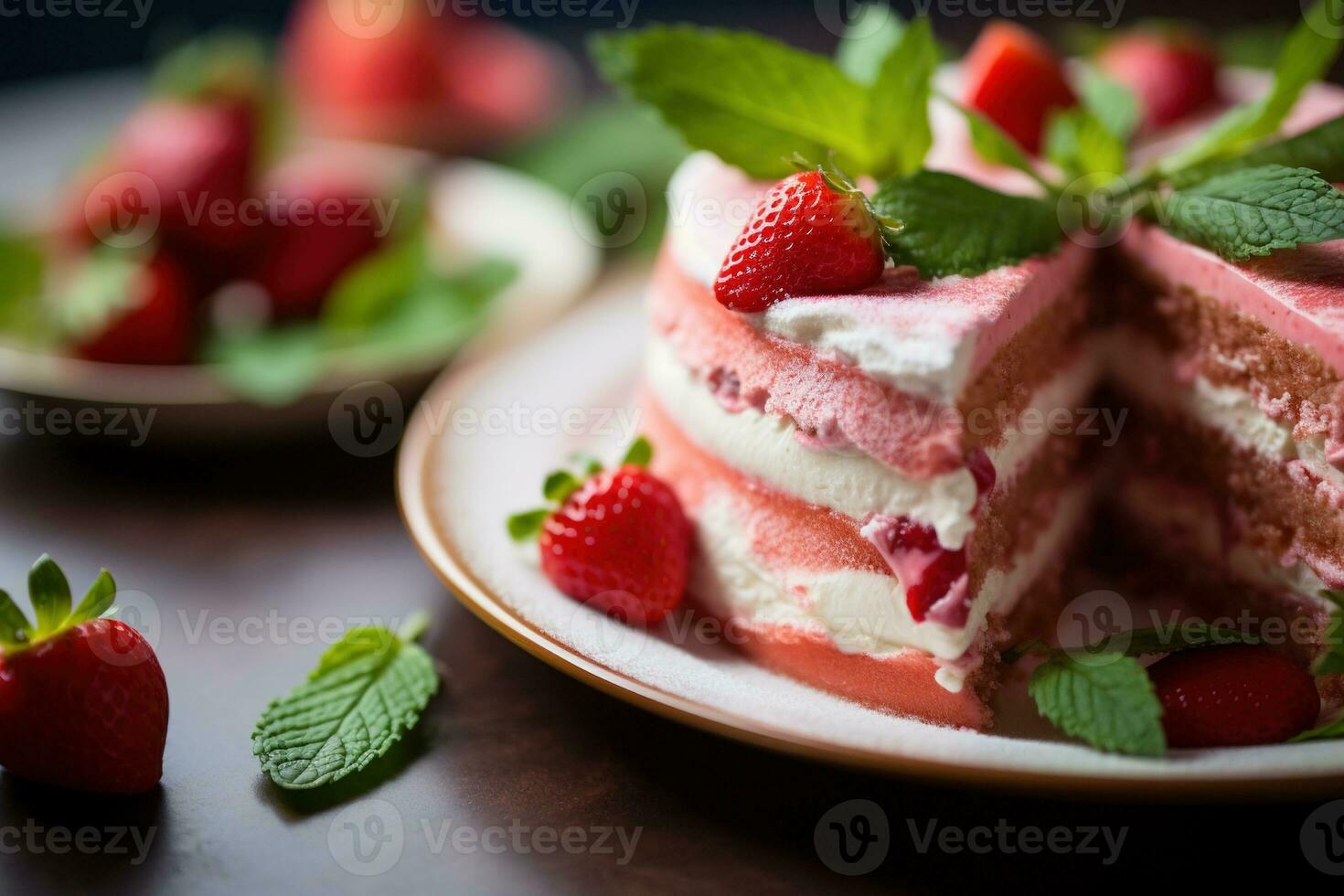 fresa pastel con azotado crema y Fresco fresas, selectivo atención ai generado foto