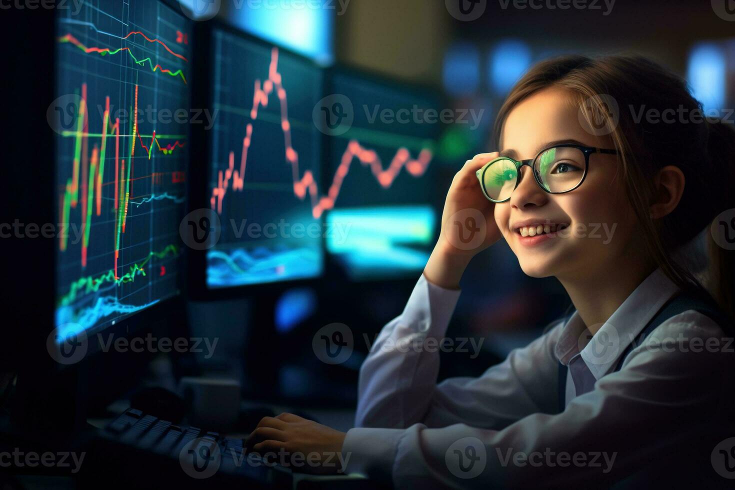 Portrait of a cute little girl in glasses and a business suit sitting at the table in front of a computer monitor with a stock chart Ai generated photo