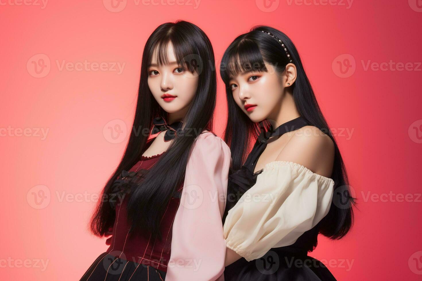 Portrait of two beautiful asian women in black dress on red background Ai generated photo