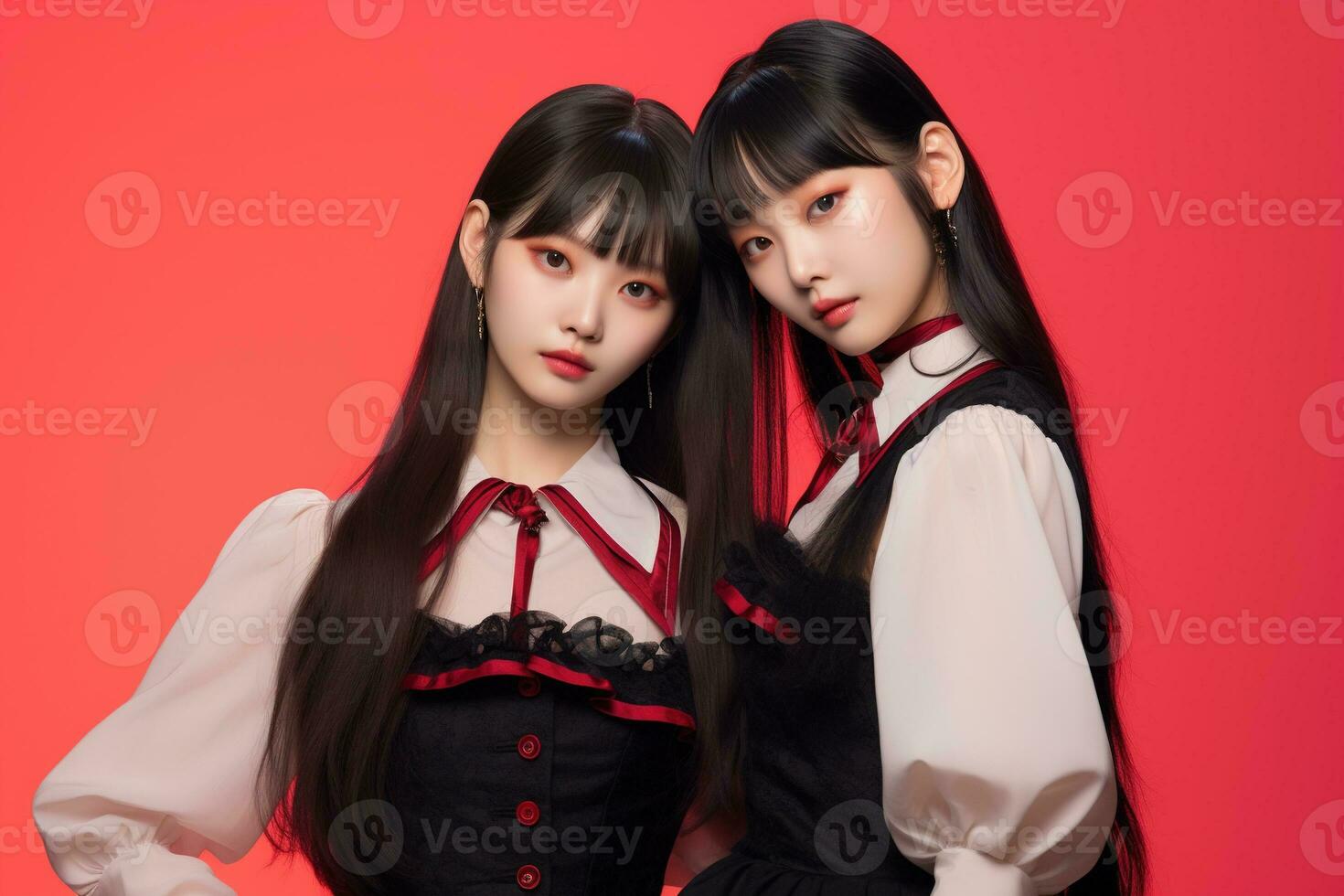 Portrait of two beautiful asian women in black dress on red background Ai generated photo