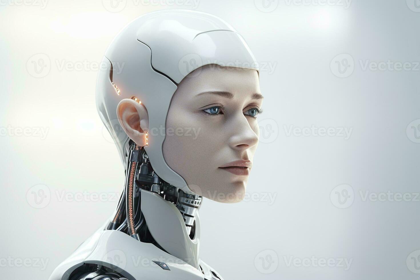 retrato de un robot en un blanco futurista interiores, artificiales inteligencia concepto ai generado foto