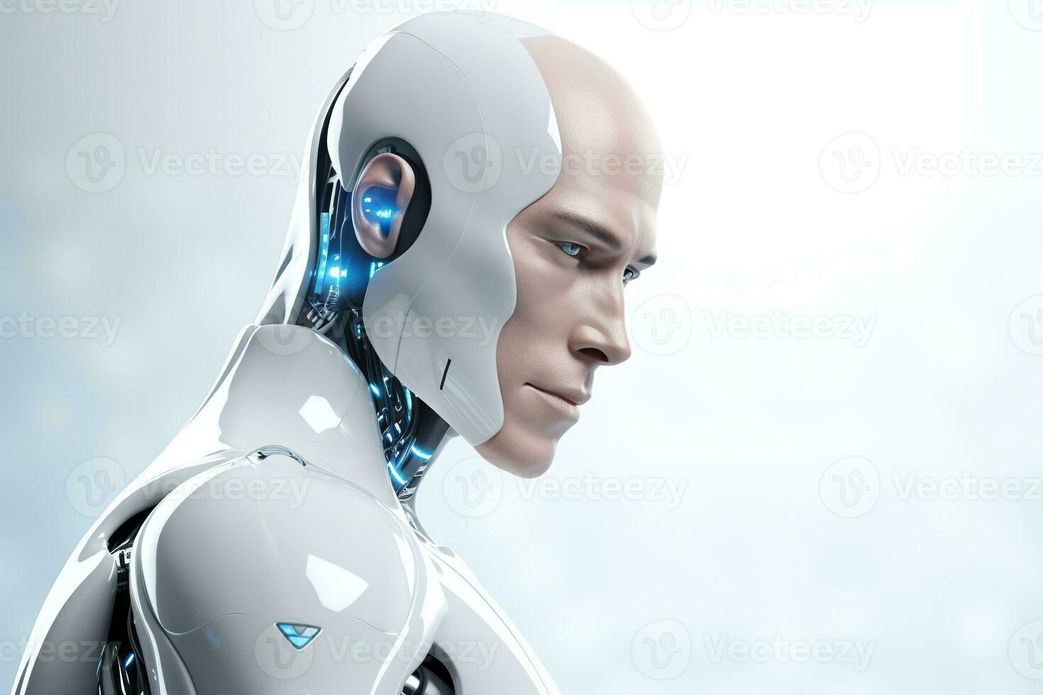 Portrait of a robot in a white futuristic interior,Artificial intelligence concept Ai generated photo