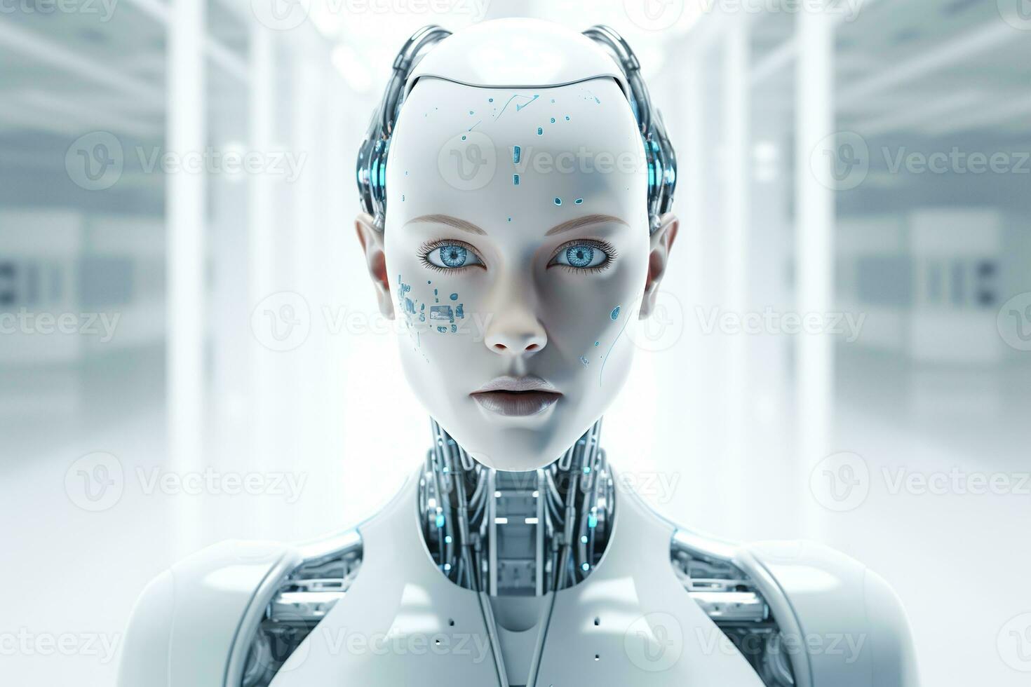 Portrait of a robot in a white futuristic interior,Artificial intelligence concept Ai generated photo
