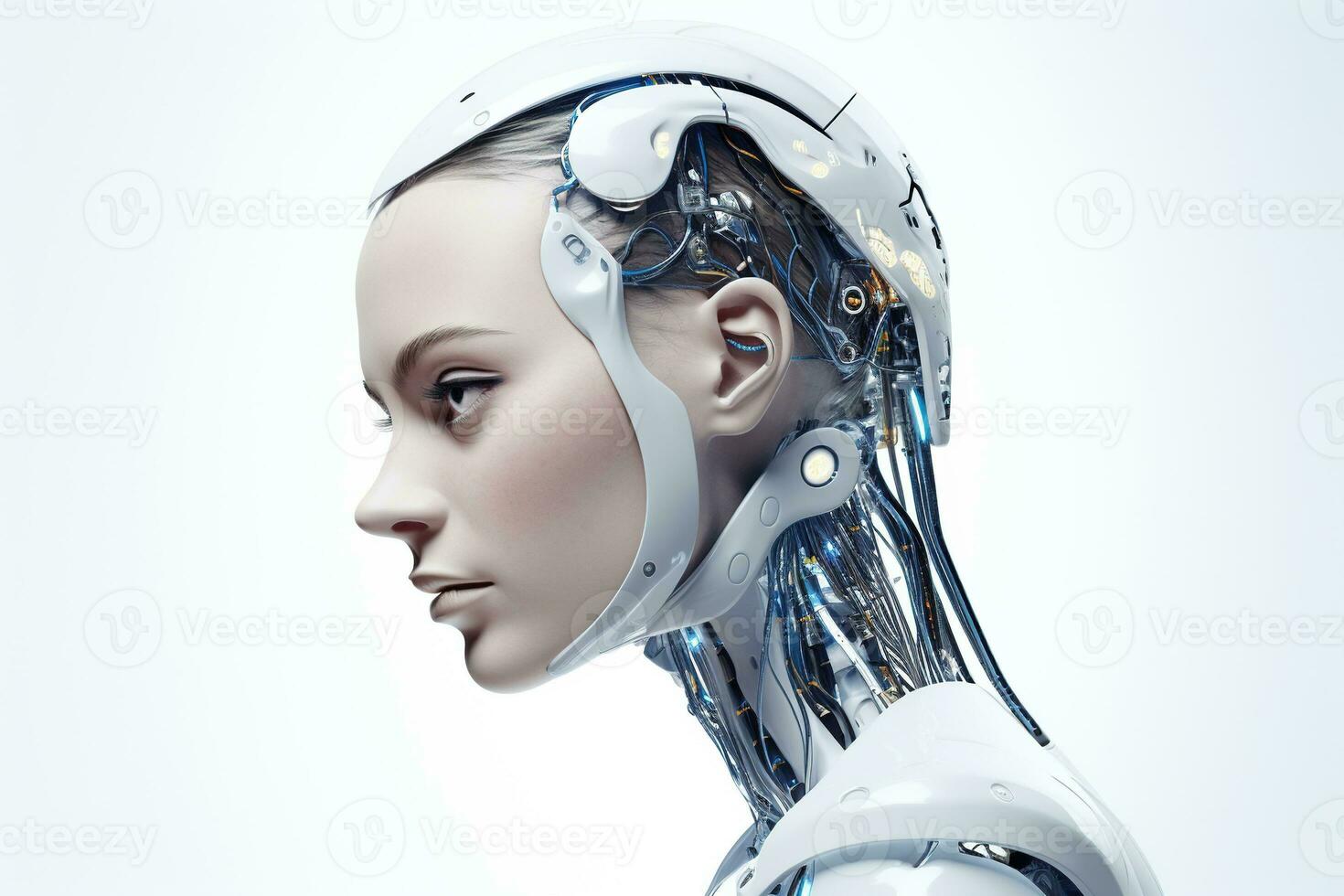 Portrait of a robot in a white futuristic interior,Artificial intelligence concept Ai generated photo
