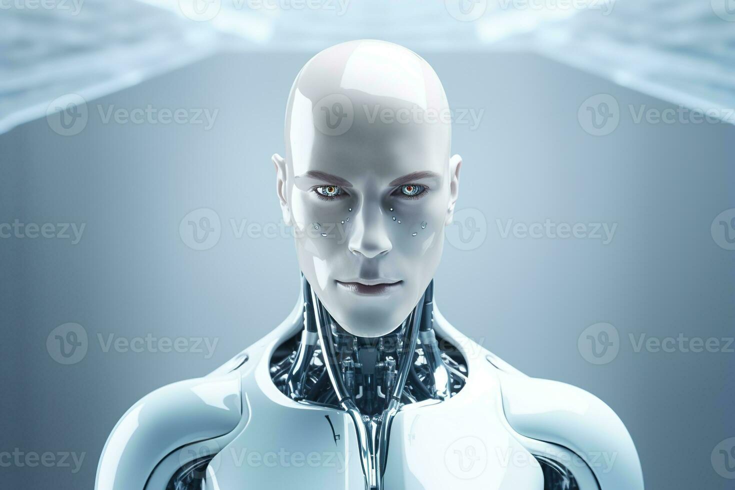 Portrait of a robot in a white futuristic interior,Artificial intelligence concept Ai generated photo
