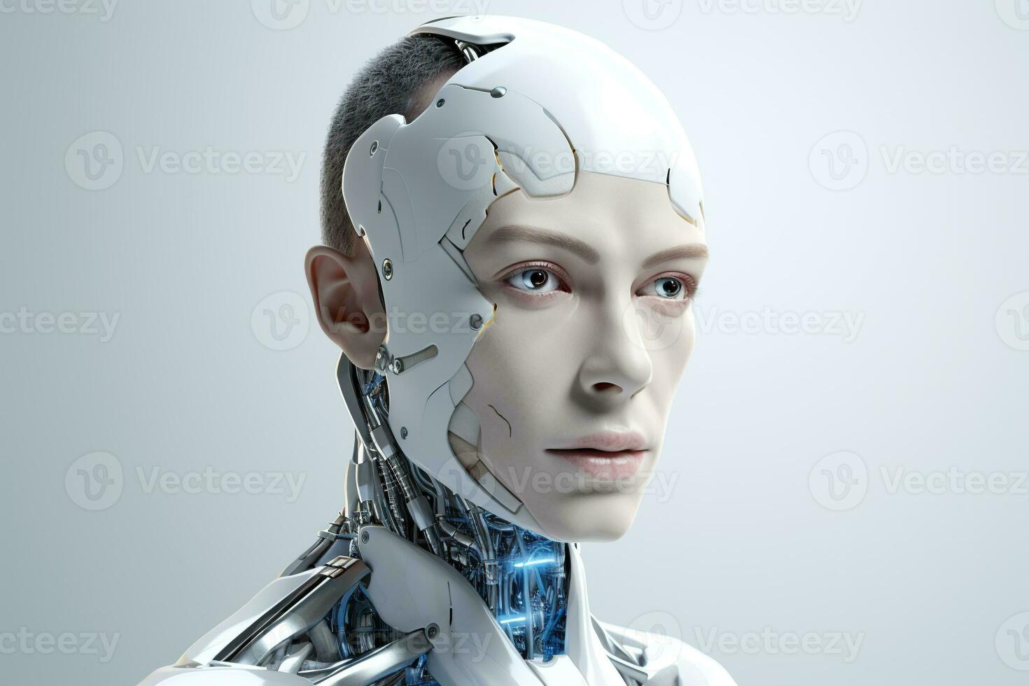 retrato de un robot en un blanco futurista interiores, artificiales inteligencia concepto ai generado foto