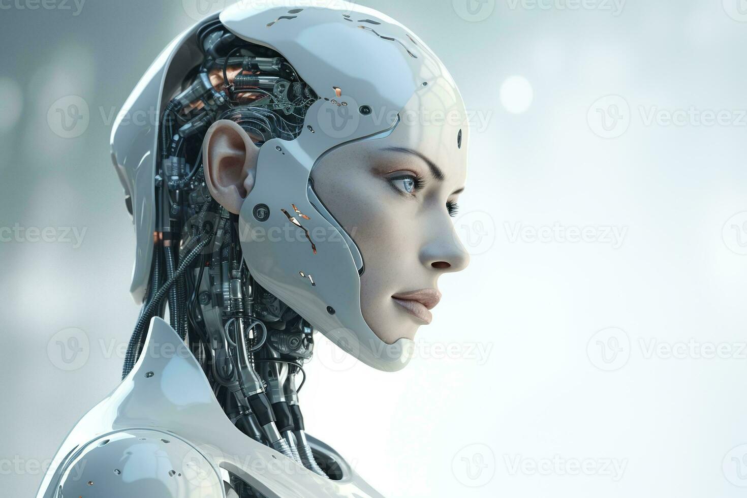Portrait of a robot in a white futuristic interior,Artificial intelligence concept Ai generated photo