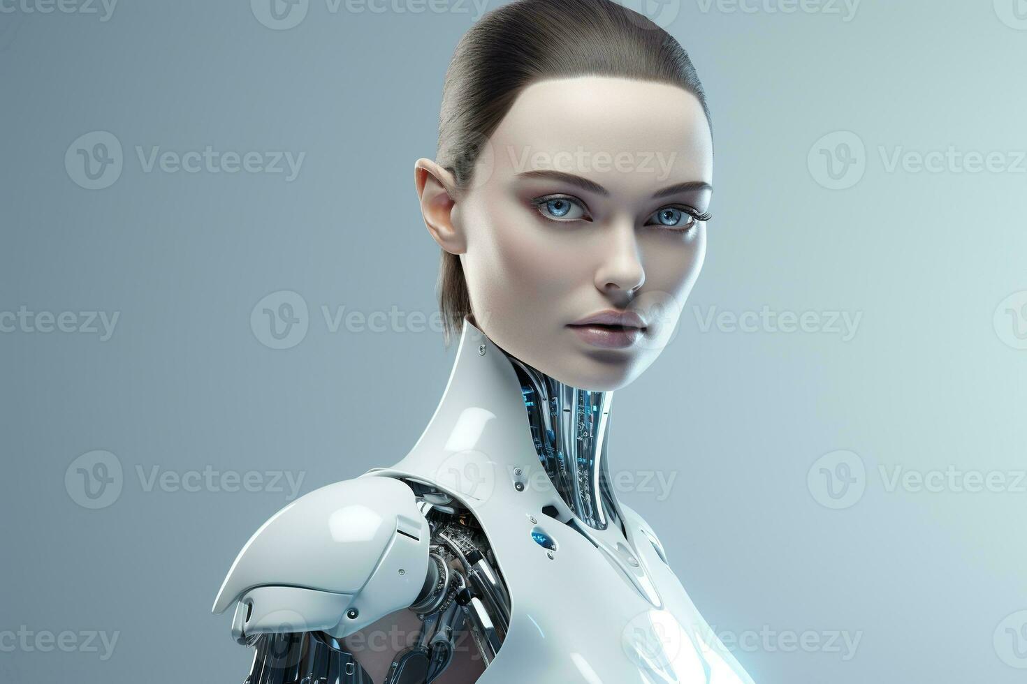 Portrait of a robot in a white futuristic interior,Artificial intelligence concept Ai generated photo