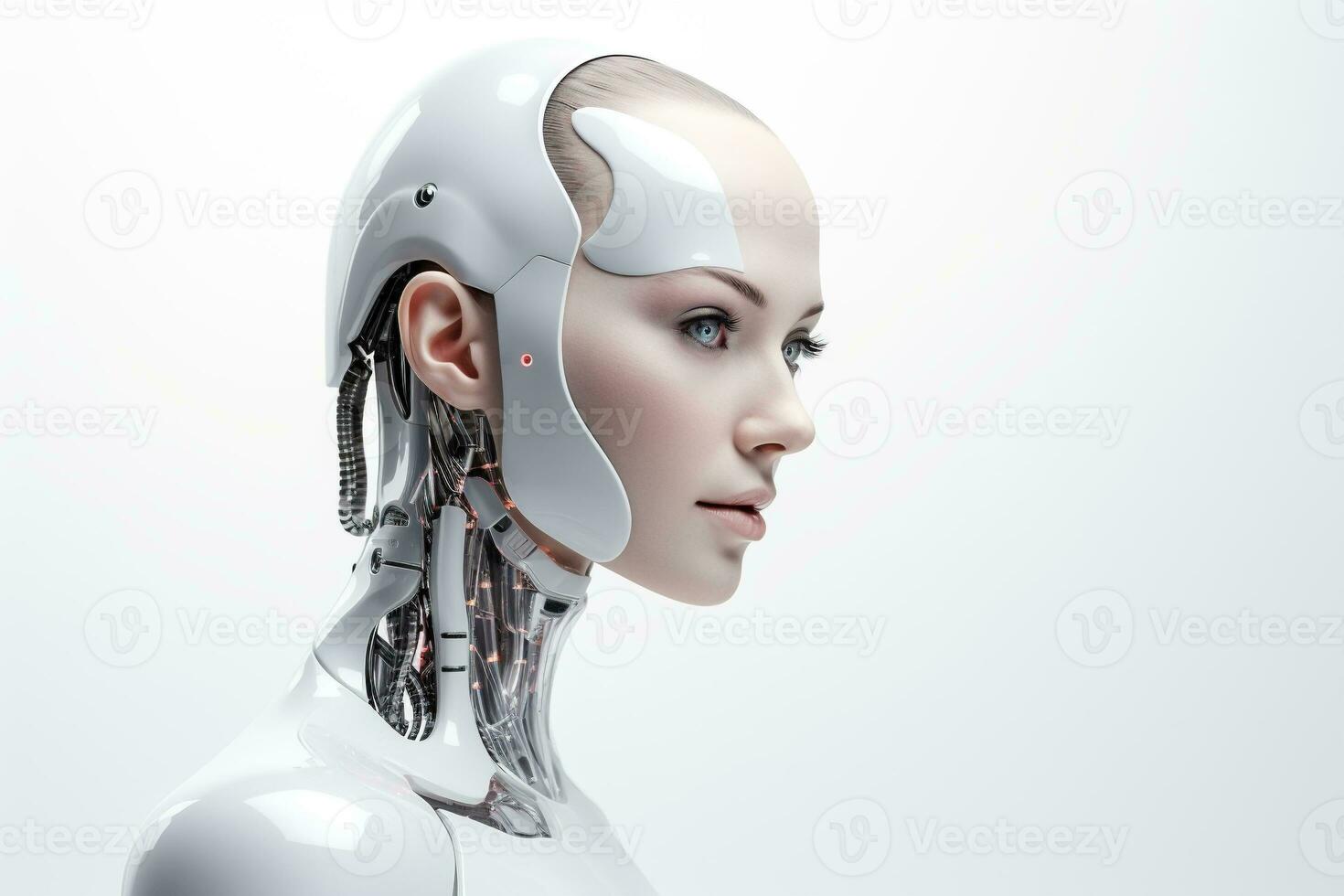 Portrait of a robot in a white futuristic interior,Artificial intelligence concept Ai generated photo