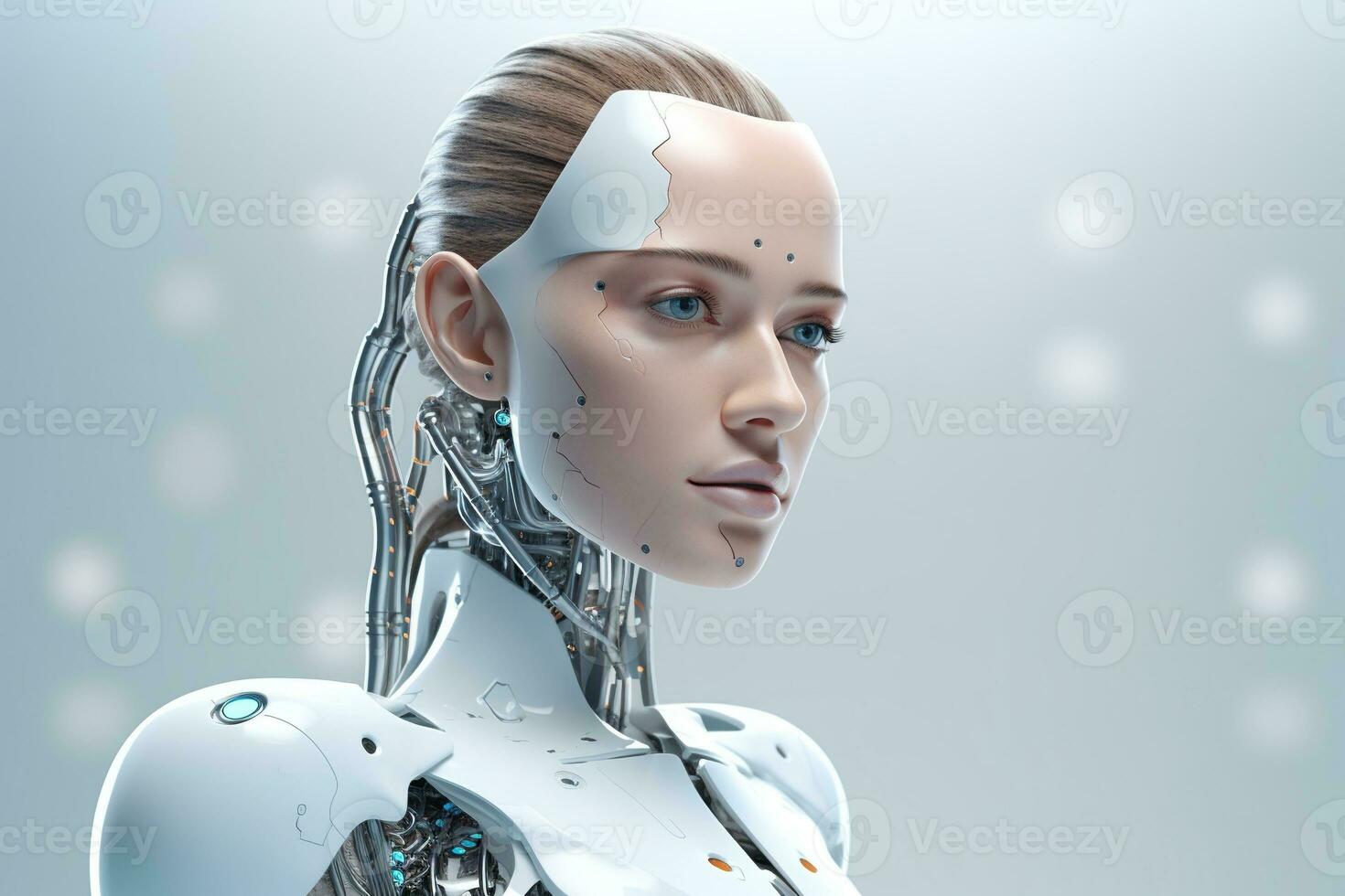 Portrait of a robot in a white futuristic interior,Artificial intelligence concept Ai generated photo