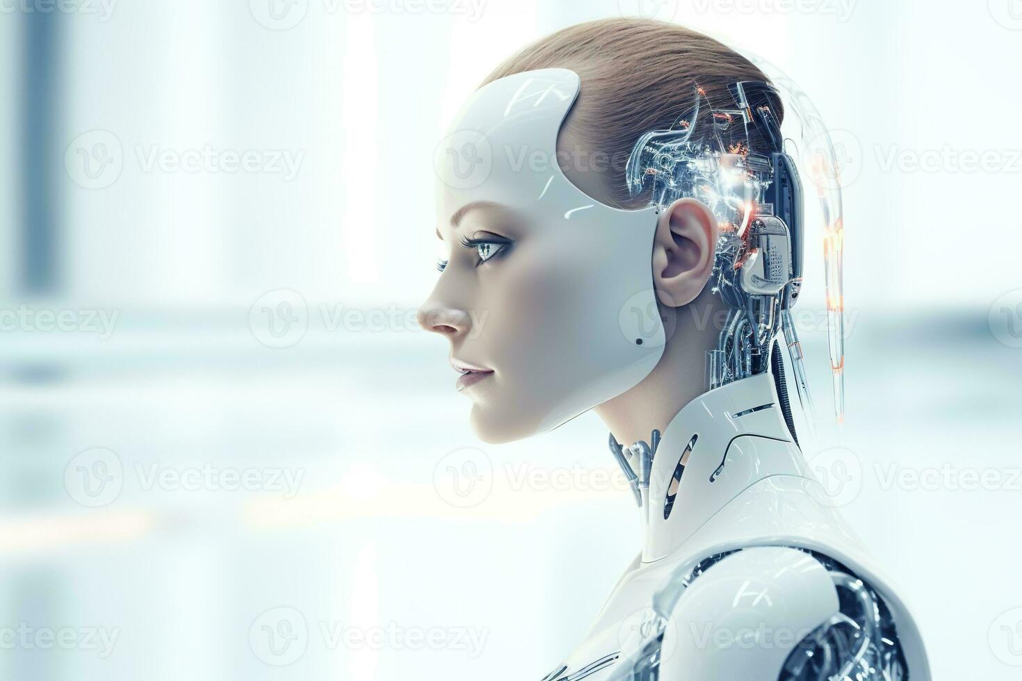 Portrait of a robot in a white futuristic interior,Artificial intelligence concept Ai generated photo