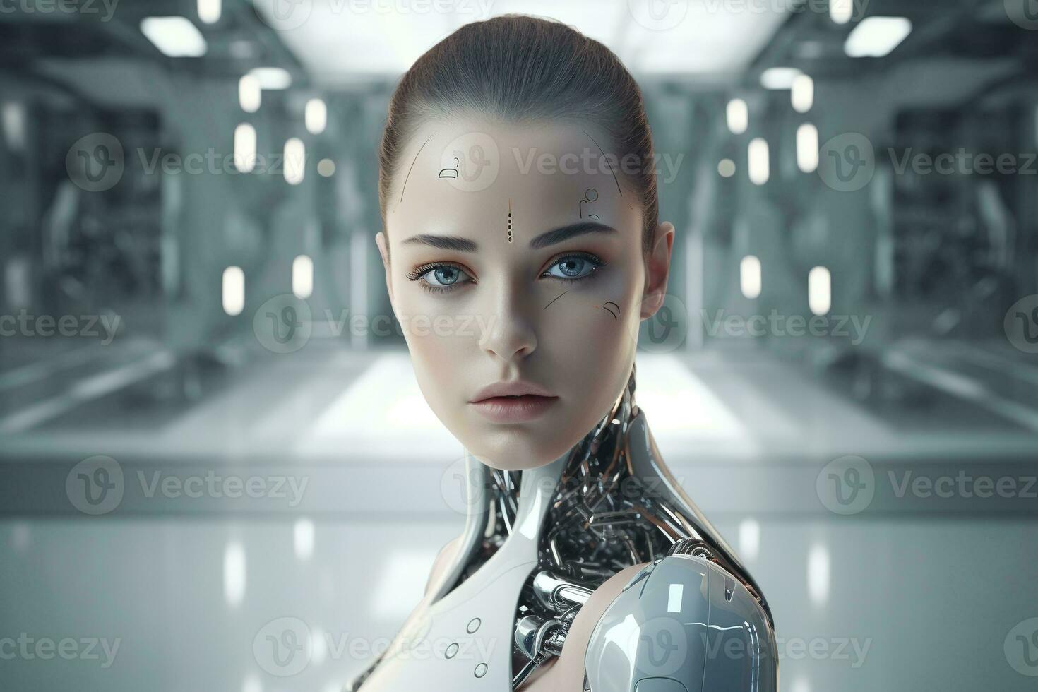 Portrait of a robot in a white futuristic interior,Artificial intelligence concept Ai generated photo