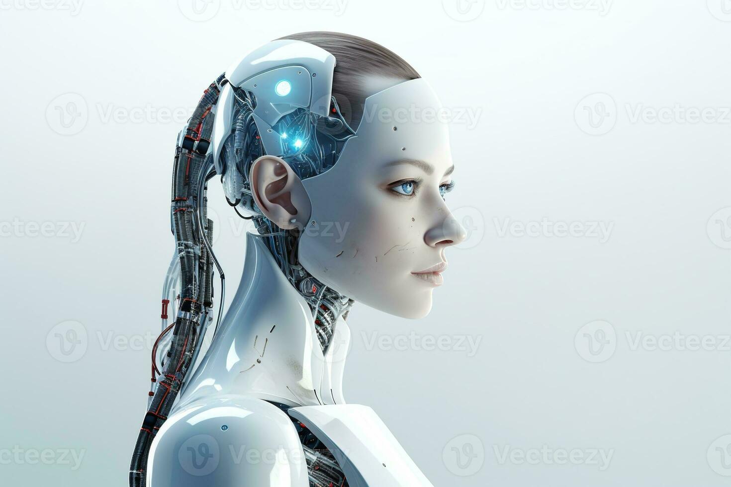 Portrait of a robot in a white futuristic interior,Artificial intelligence concept Ai generated photo
