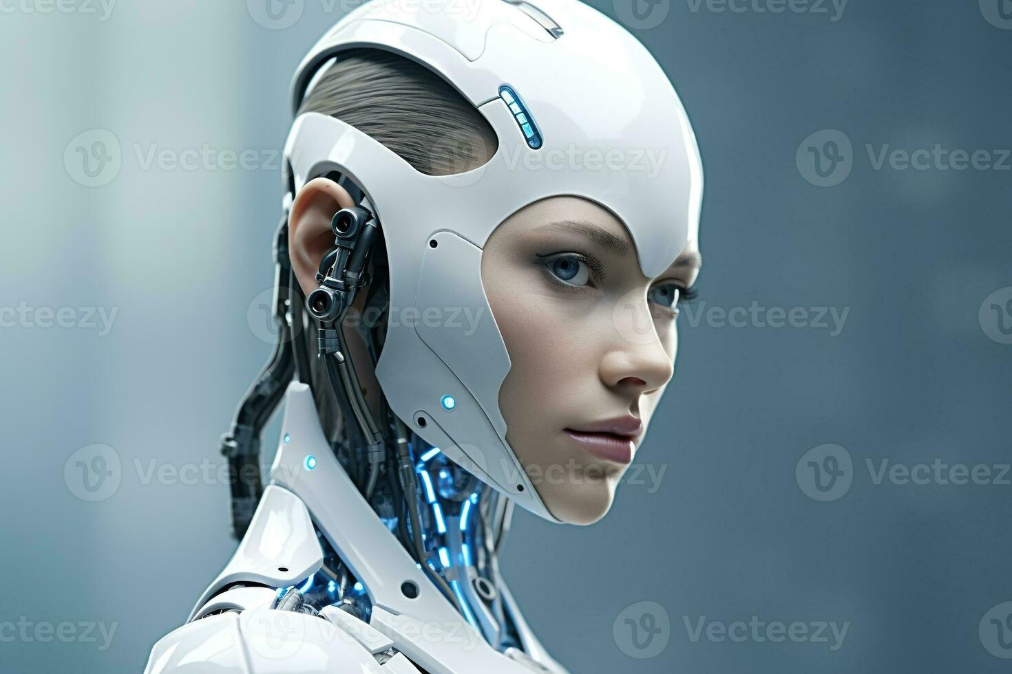 Portrait of a robot in a white futuristic interior,Artificial intelligence concept Ai generated photo