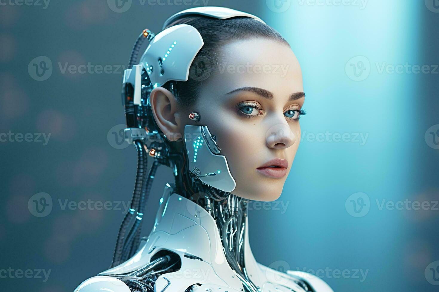 Portrait of a robot in a white futuristic interior,Artificial intelligence concept Ai generated photo