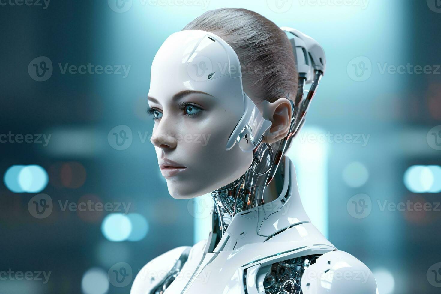 Portrait of a robot in a white futuristic interior,Artificial intelligence concept Ai generated photo