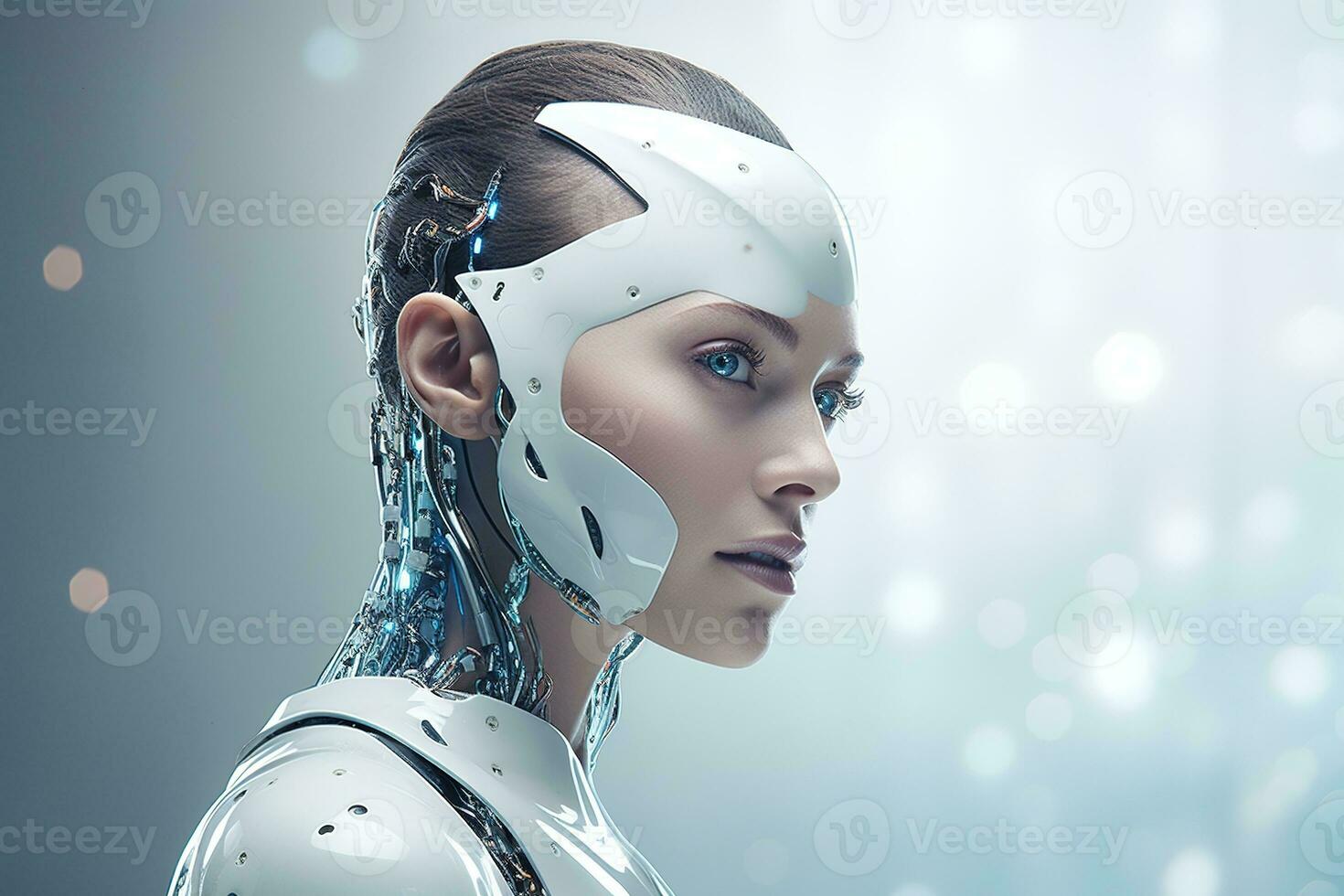 Portrait of a robot in a white futuristic interior,Artificial intelligence concept Ai generated photo