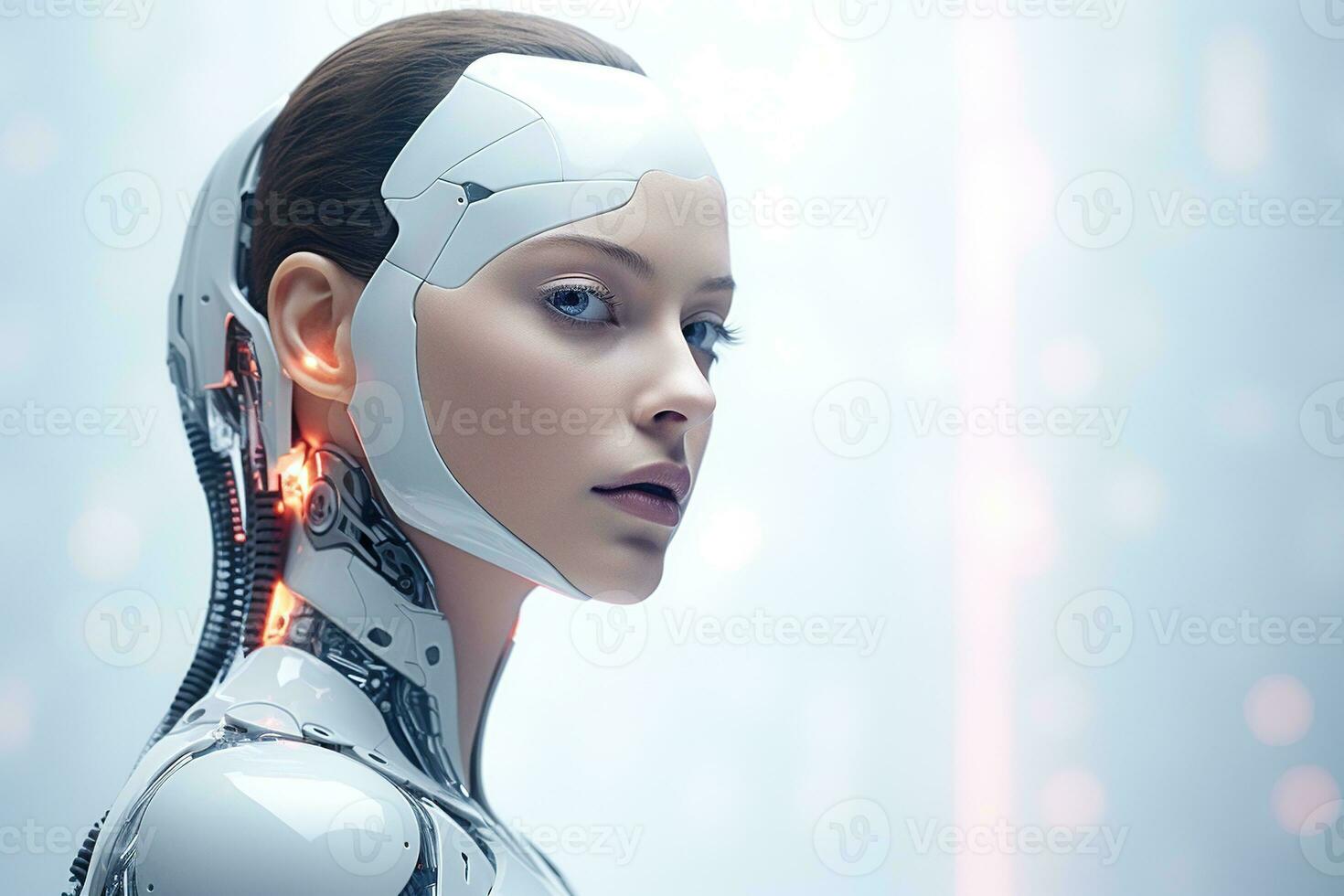 Portrait of a robot in a white futuristic interior,Artificial intelligence concept Ai generated photo