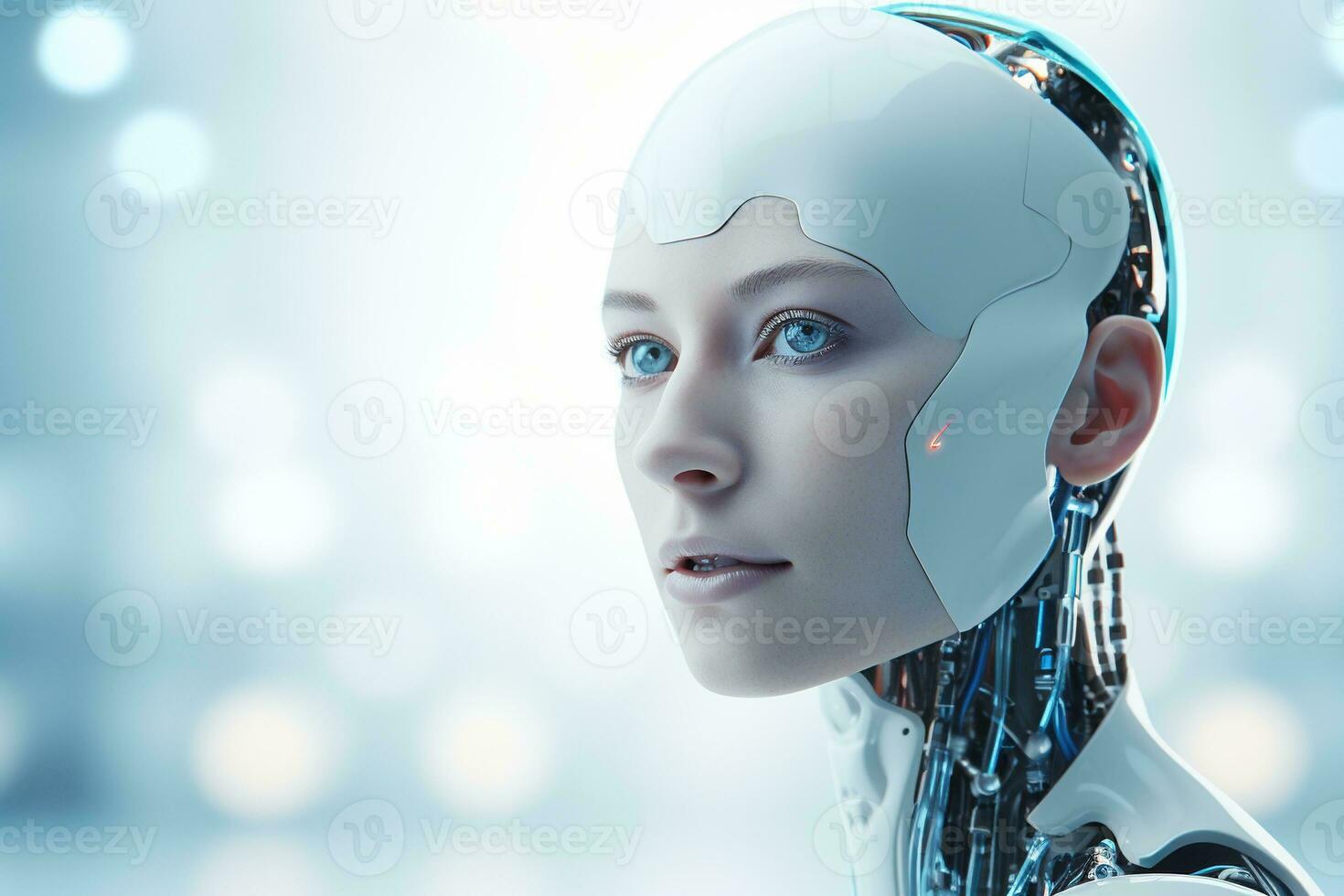 Portrait of a robot in a white futuristic interior,Artificial intelligence concept Ai generated photo
