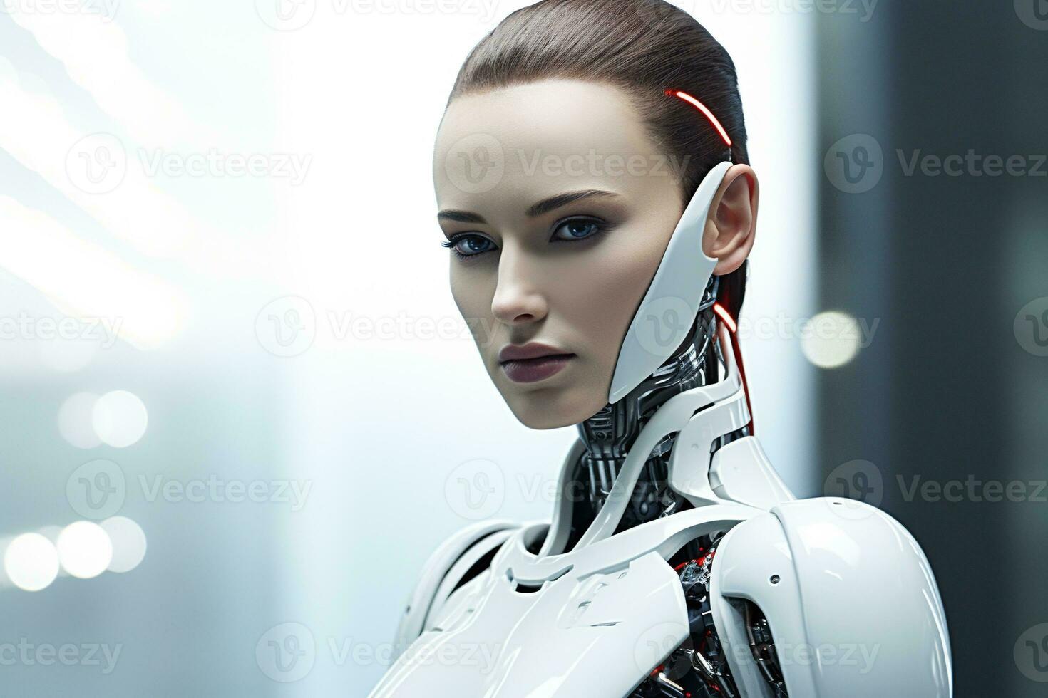 Portrait of a robot in a white futuristic interior,Artificial intelligence concept Ai generated photo