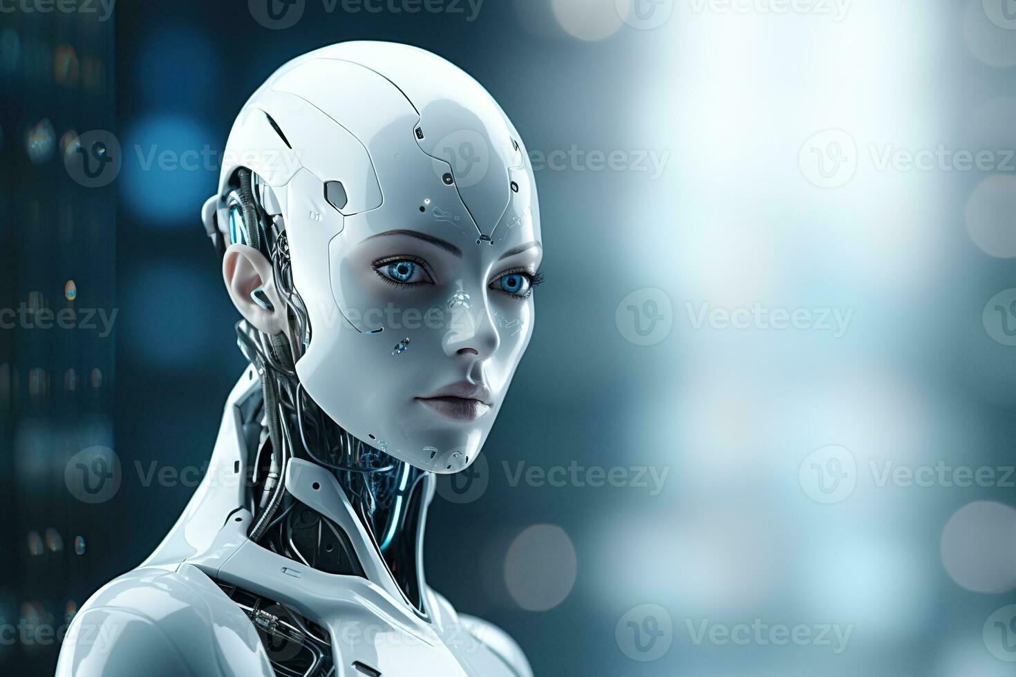 Portrait of a robot in a white futuristic interior,Artificial intelligence concept Ai generated photo