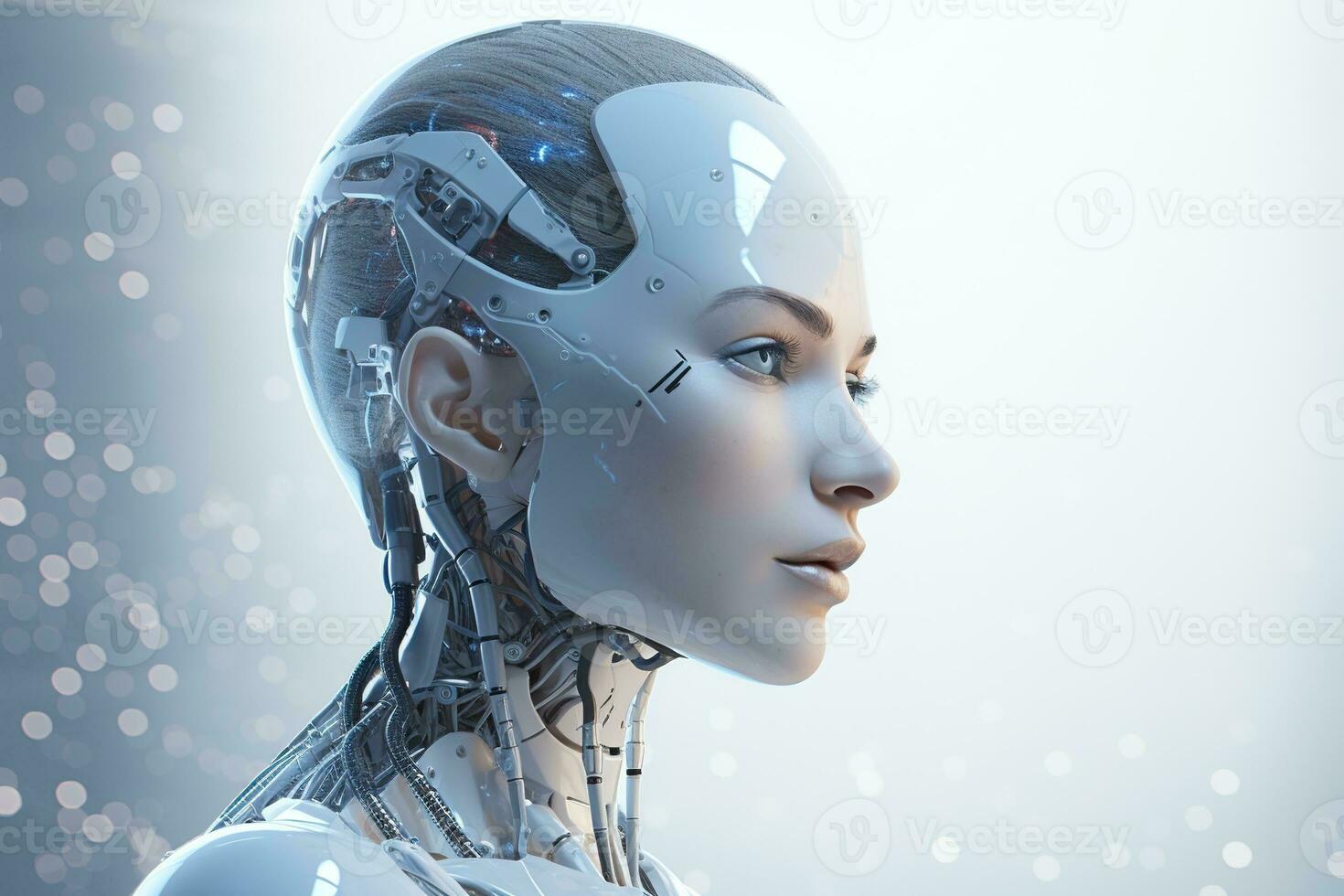 Portrait of a robot in a white futuristic interior,Artificial intelligence concept Ai generated photo
