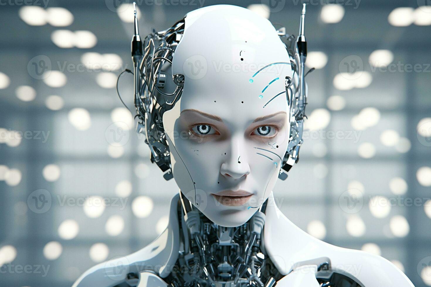Portrait of a robot in a white futuristic interior,Artificial intelligence concept Ai generated photo