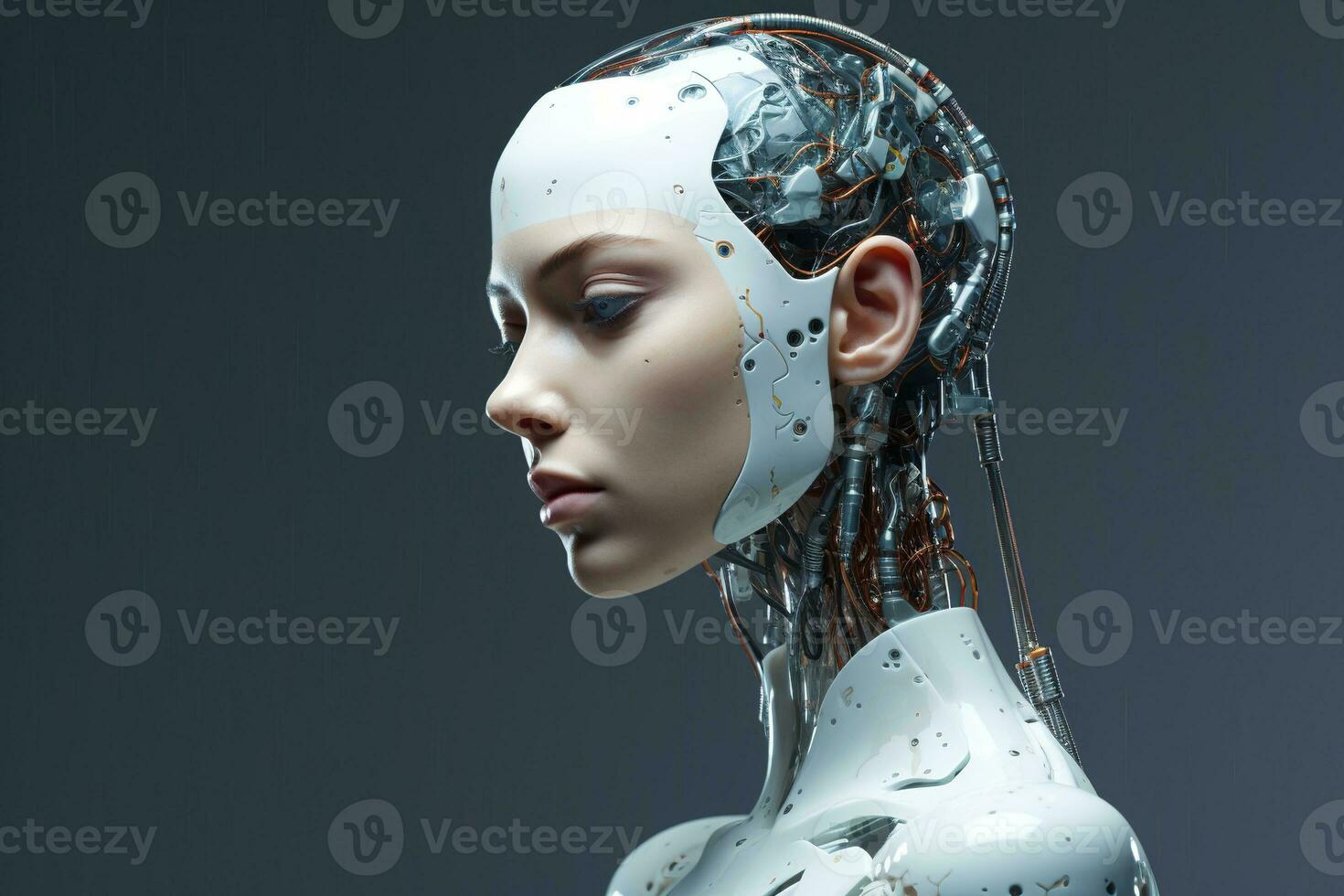 Portrait of a robot in a white futuristic interior,Artificial intelligence concept Ai generated photo