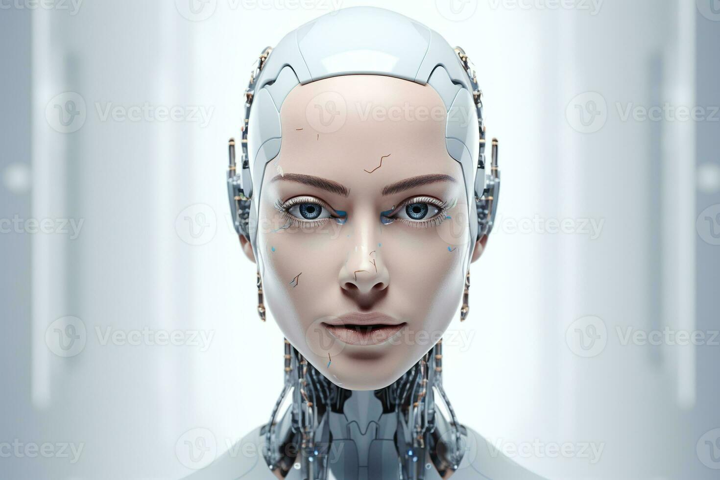 Portrait of a robot in a white futuristic interior,Artificial intelligence concept Ai generated photo