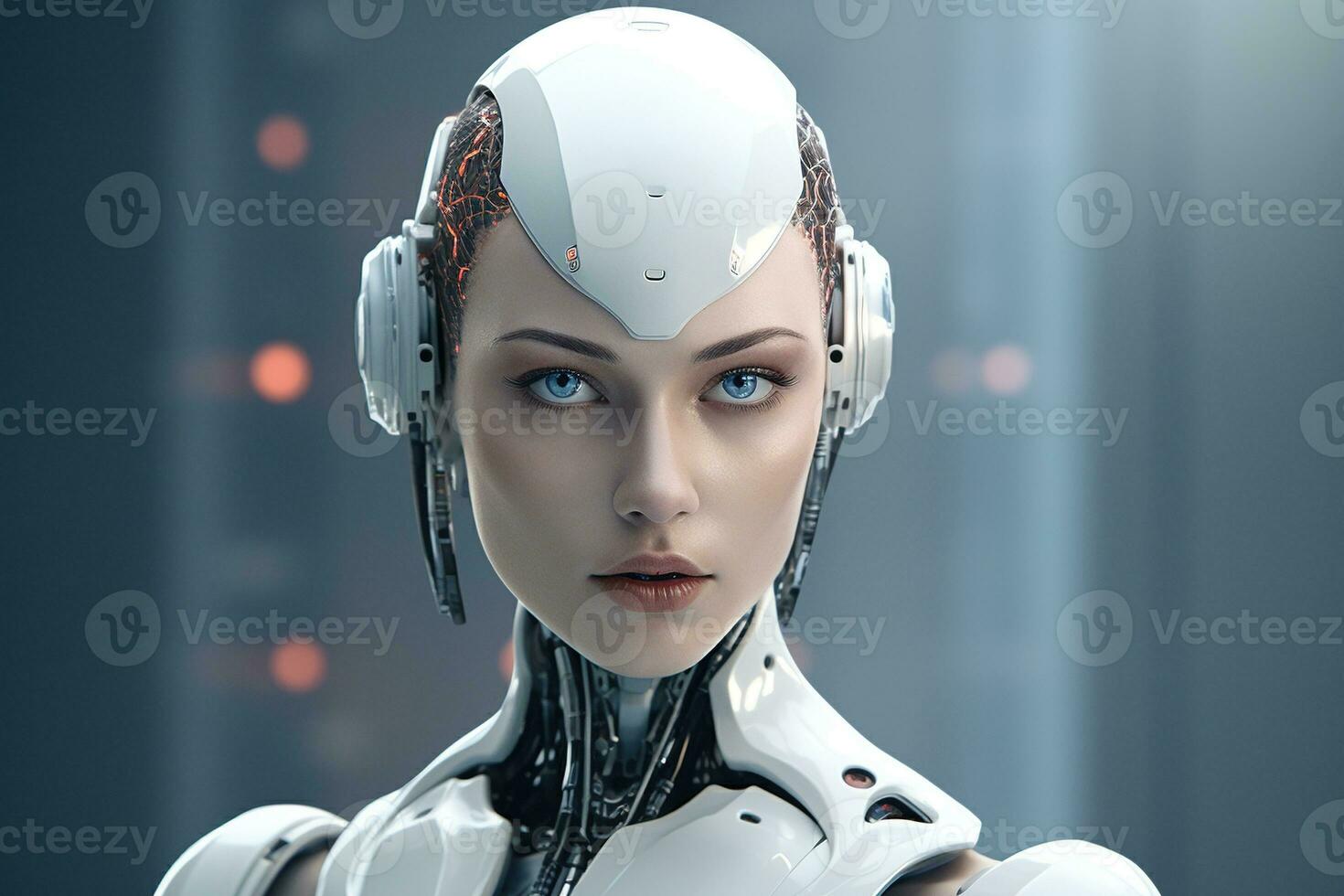 Portrait of a robot in a white futuristic interior,Artificial intelligence concept Ai generated photo