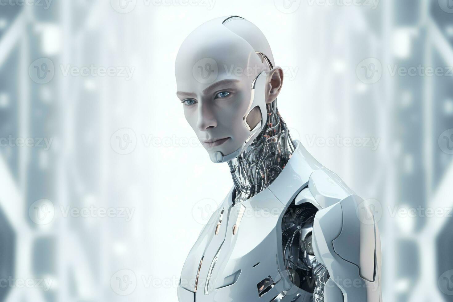 Portrait of a robot in a white futuristic interior,Artificial intelligence concept Ai generated photo