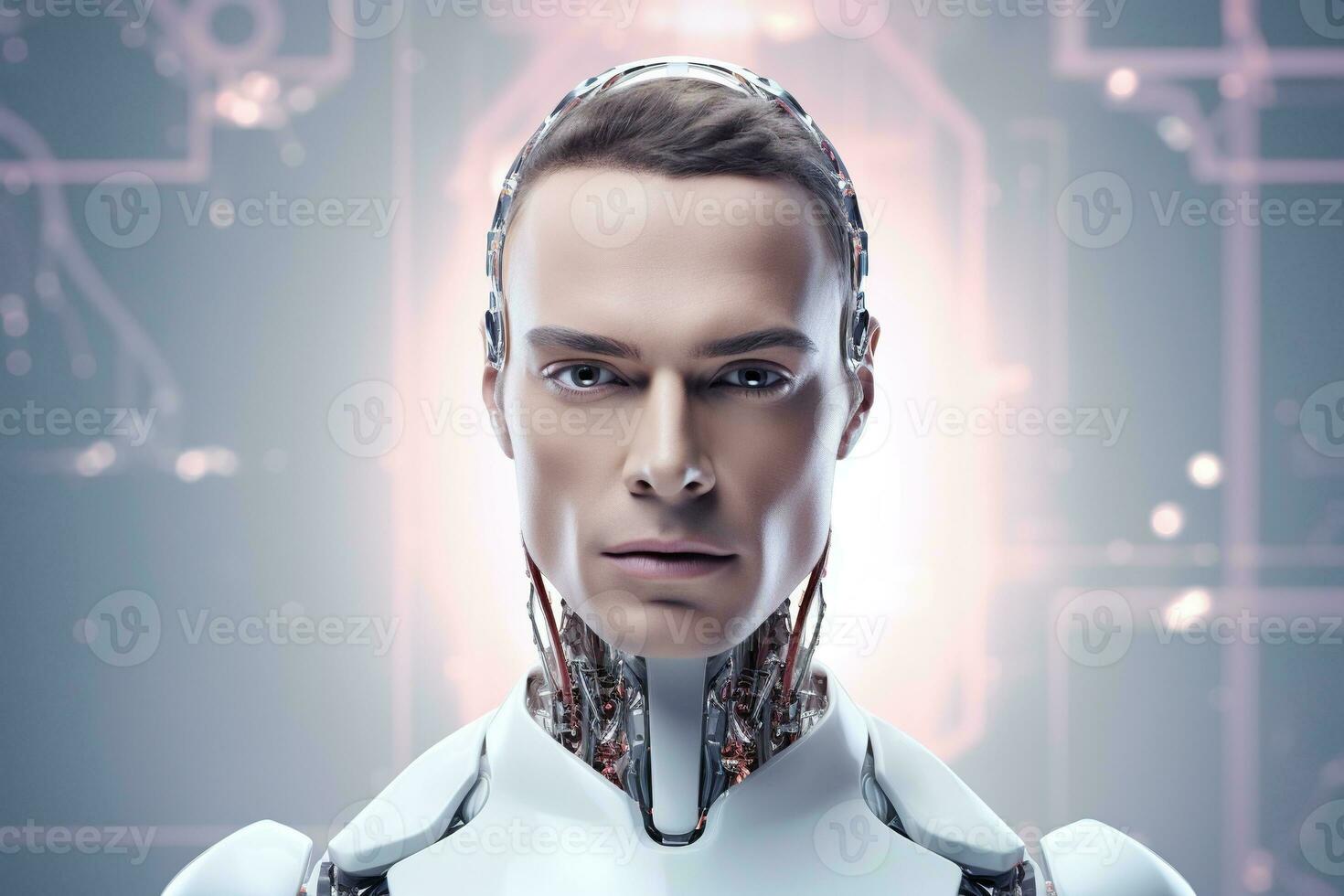 Portrait of a robot in a white futuristic interior,Artificial intelligence concept Ai generated photo