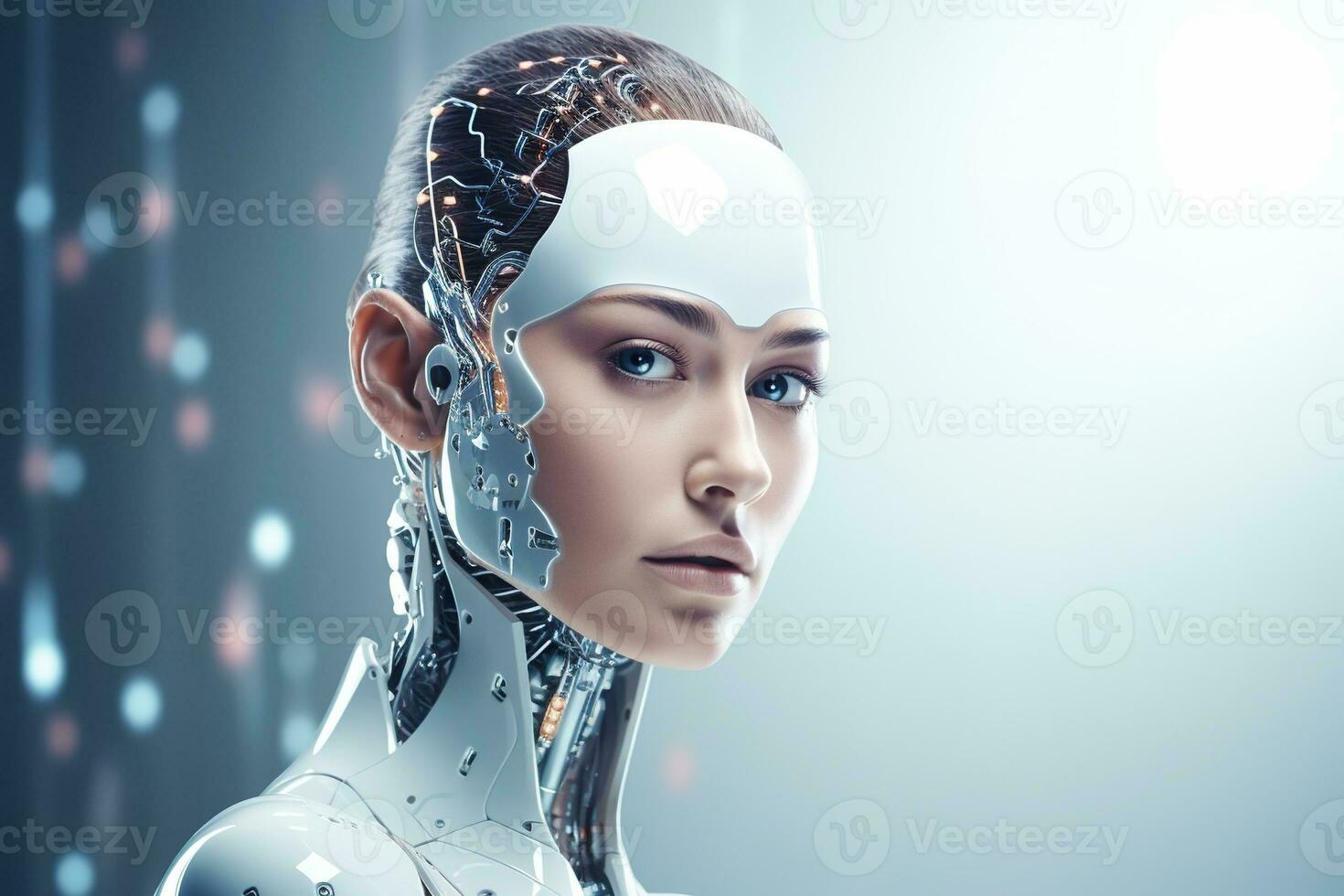 Portrait of a robot in a white futuristic interior,Artificial intelligence concept Ai generated photo