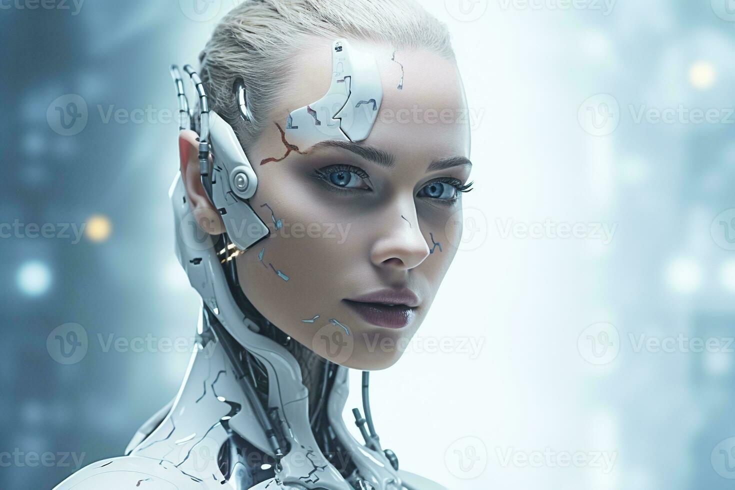 Portrait of a robot in a white futuristic interior,Artificial intelligence concept Ai generated photo