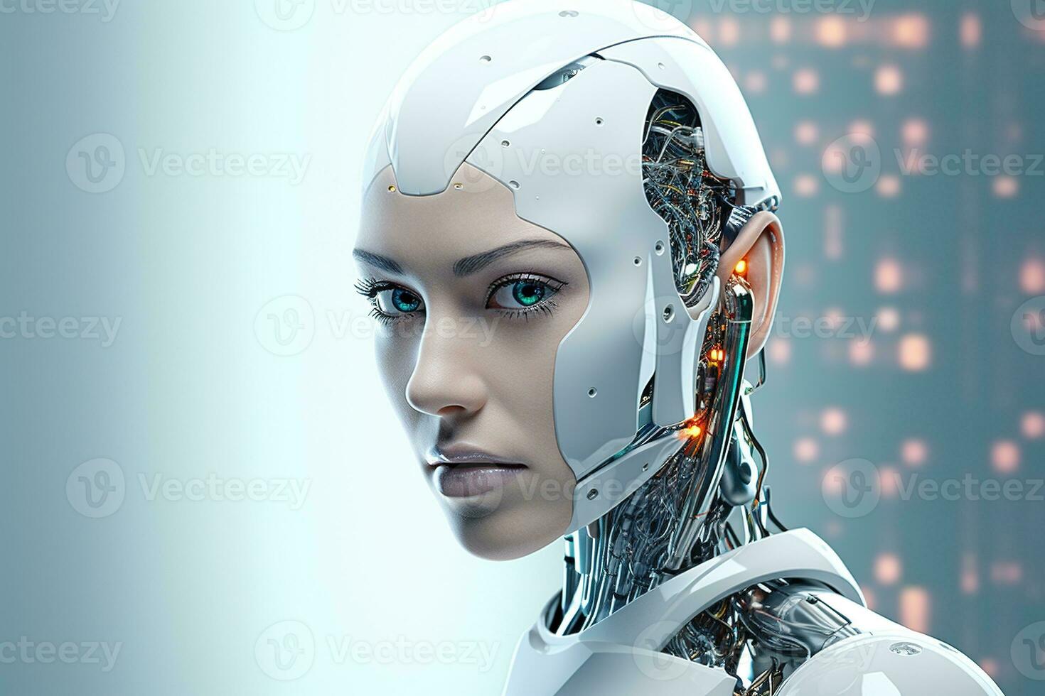 Portrait of a robot in a white futuristic interior,Artificial intelligence concept Ai generated photo