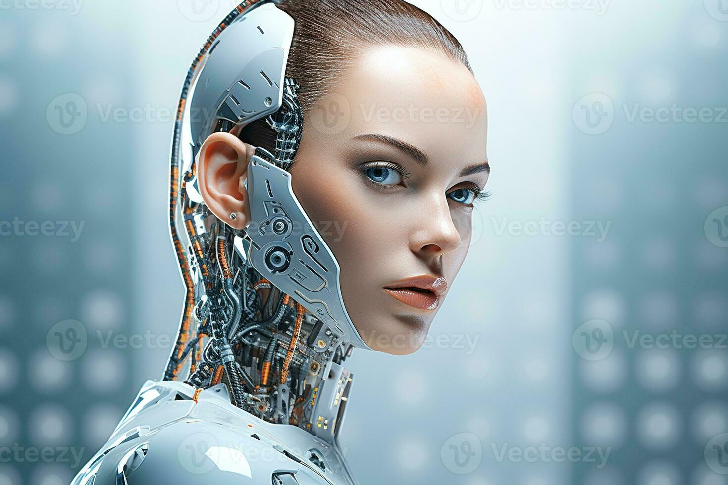 Portrait of a robot in a white futuristic interior,Artificial intelligence concept Ai generated photo