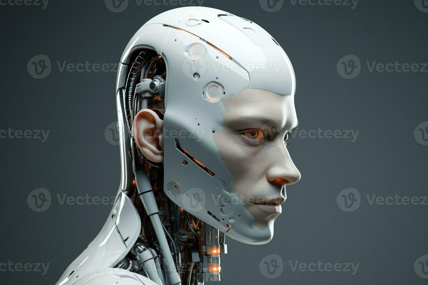 Portrait of a robot in a white futuristic interior,Artificial intelligence concept Ai generated photo