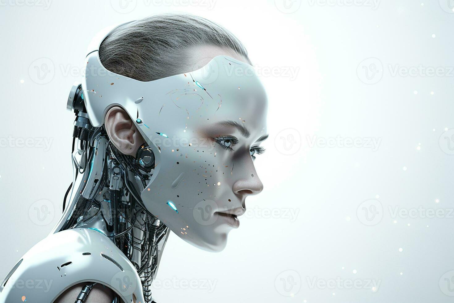 Portrait of a robot in a white futuristic interior,Artificial intelligence concept Ai generated photo