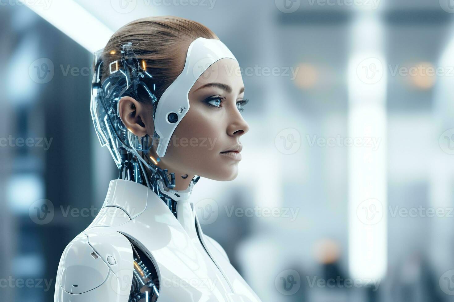 Portrait of a robot in a white futuristic interior,Artificial intelligence concept Ai generated photo