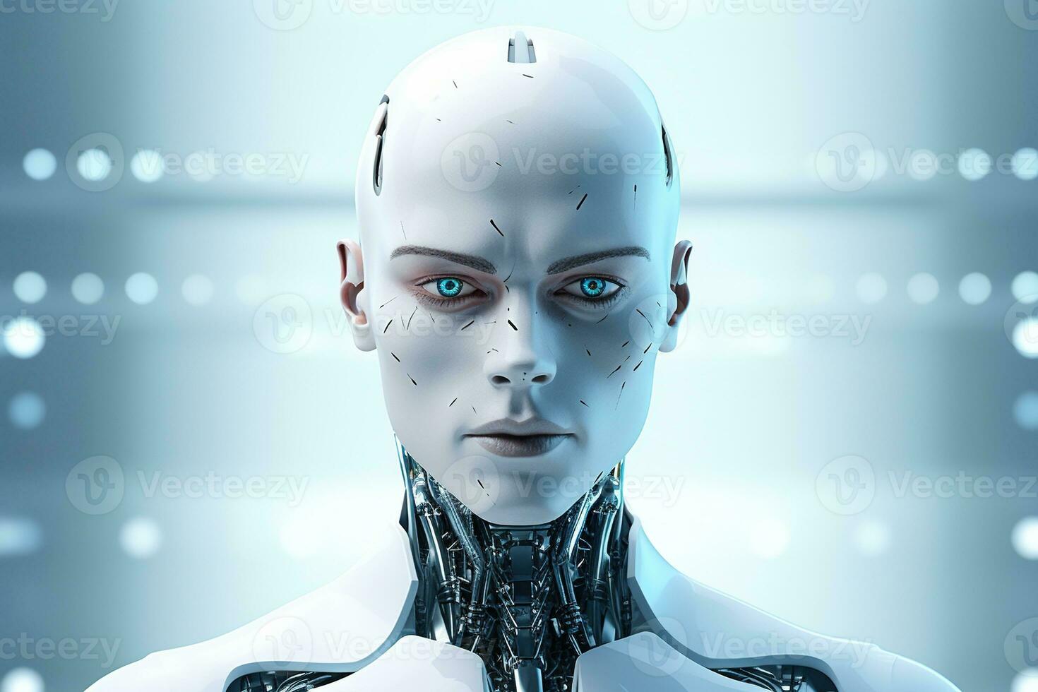 Portrait of a robot in a white futuristic interior,Artificial intelligence concept Ai generated photo
