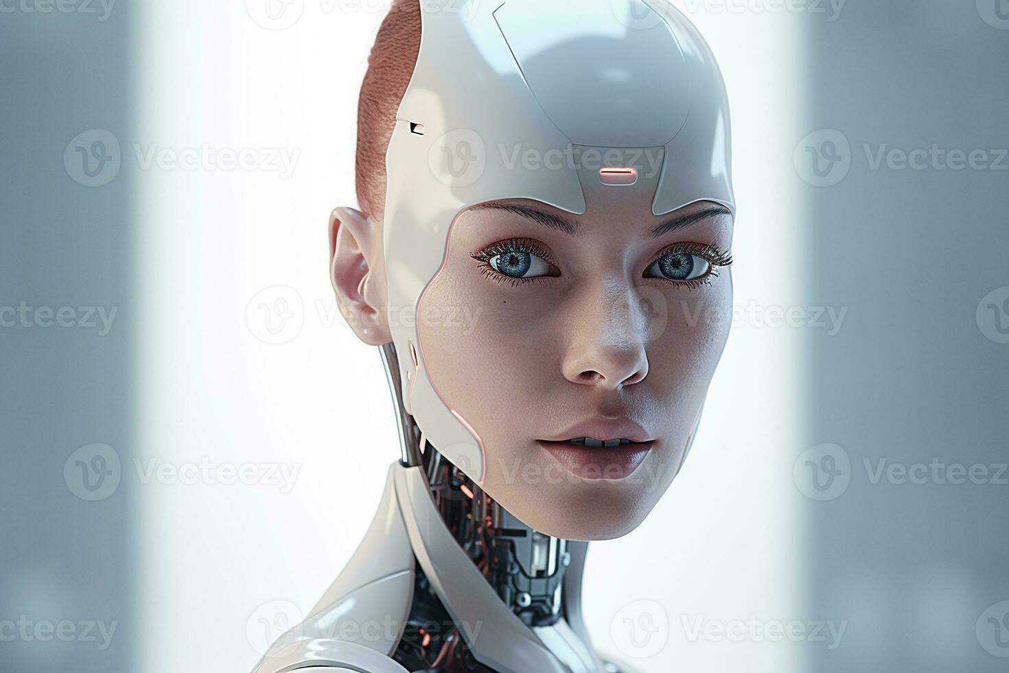 Portrait of a robot in a white futuristic interior,Artificial intelligence concept Ai generated photo