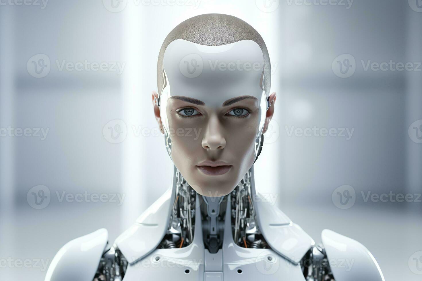 Portrait of a robot in a white futuristic interior,Artificial intelligence concept Ai generated photo