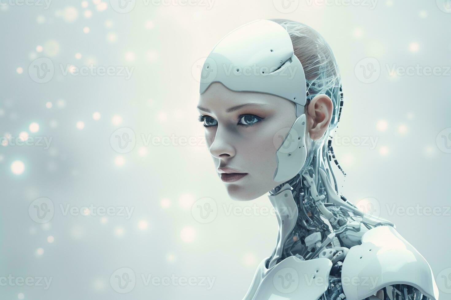 Portrait of a robot in a white futuristic interior,Artificial intelligence concept Ai generated photo